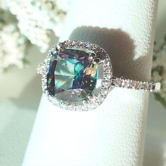 Cushion Cut 5 Ct. Mystic Topaz 14K White Gold surrounded by 38 White Diamonds - Picture 3 of 8